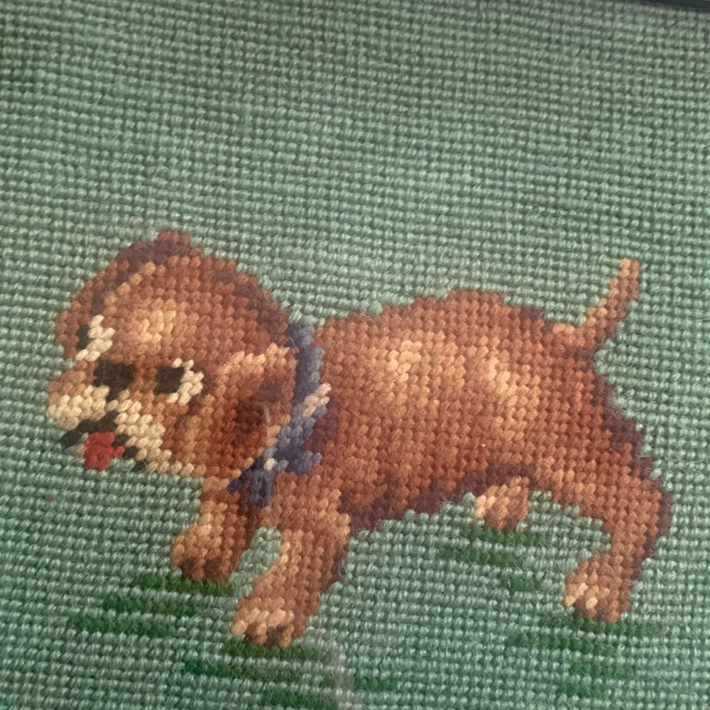 Vintage Needlepoint Dog Wall Art Framed Puppy Decor